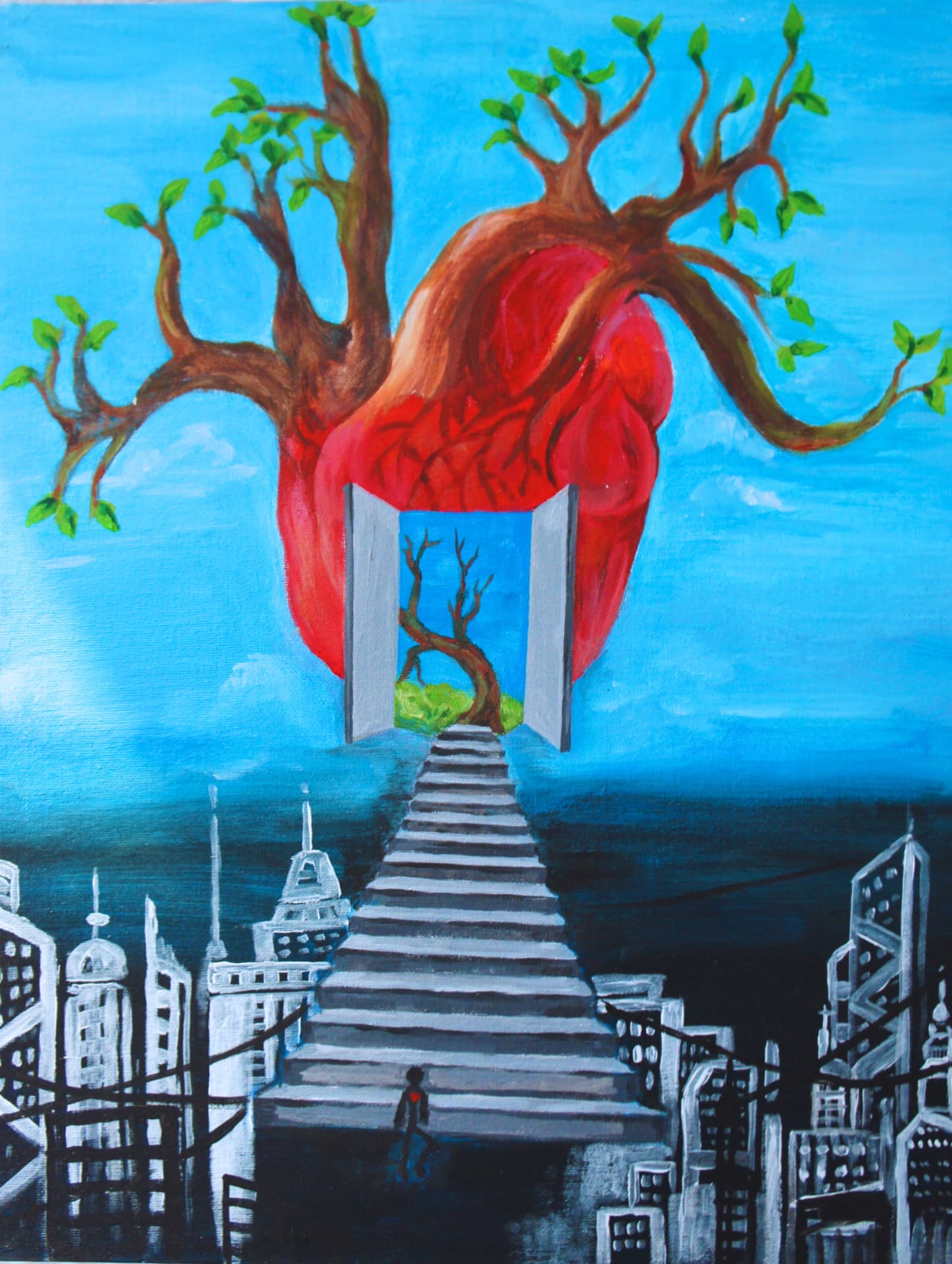 A heart and tree branches rising above a gray city, with stairs leading to open doors